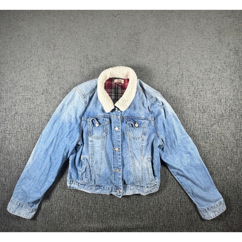 LEI Womens XXL Denim Trucker Jacket Sherpa Collar Plaid Lined Light Wash Blue